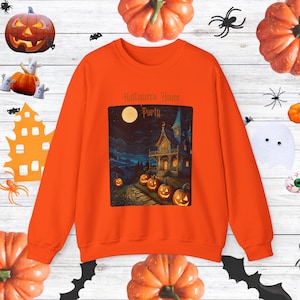 Halloween House Party Sweatshirt, Haunted House Pumpkin Cartoon Style Apparel, Halloween Sweater, Spooky Crewneck Jumper, Scary Costume Top