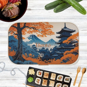 Bento Box, Japanese Temple in Forest Lunch Container, Food Storage, Meal Prep, Eco-Friendly, Reusable, Travel Bento, Lunch Tote
