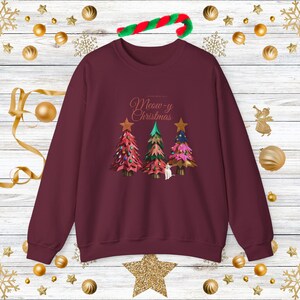 Christmas Tree Cat Crewneck Sweatshirt, Winter Holiday Pullover, Festive Pet Lover Jumper, Snowy Kitty Top, Xmas Gift Apparel, top for Women