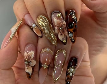 Almond Brown Fake Nails with Flowers and Gold Charms, Handmade 3D Floral Stick On False Nails for Women, Summer Artificial 24pcs