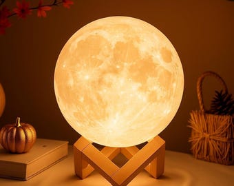 3D Printed Moon Lamp: Warm LED Night Light with Wooden Base