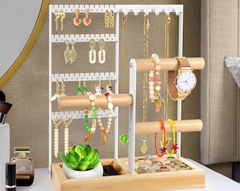 Jewelry Organizer, 4-Tier Earring Holder Organizer with 48 Holes, 6 Hooks Necklace Rack