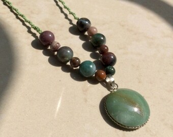 Aventurine pendant necklace petrified wood beads agate beads, Mayan jewelry, Mexican jewel