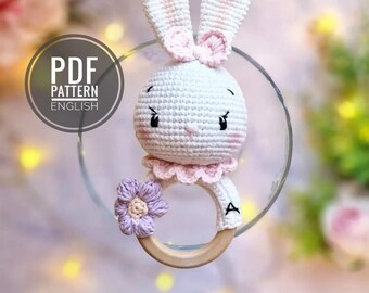 Crochet Bunny Rattle Teether Pattern – Amigurumi Toy, PDF Download, DIY Baby Gift, Baby Shower