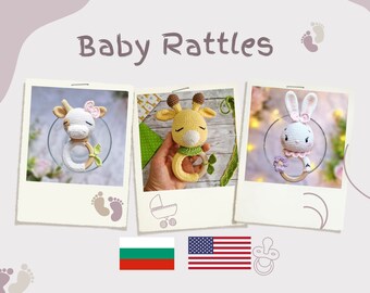 Set of Three Baby Rattle Teether Crochet Patterns – Cow, Giraffe and Bunny Amigurumi Toys, PDF Download, DIY Baby Gift