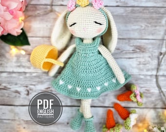 Bella The Spring Bunny Haakpatroon in het Engels, Paas Amigurumi Schattig konijntje met wortelen en bloemen