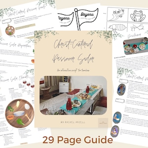 May include: A 29-page guide for a Christ-centered Passover Seder. The guide includes an interactive script for families, a table setting guide, and a story about the Exodus. The cover features a photo of a table setting with a Seder plate, wine glasses, and a matzah.