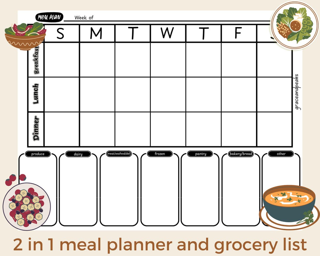 Weekly Meal Planner & Grocery List Printable (digital Download) - Etsy