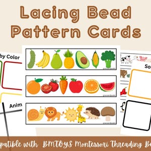 Può includere: Schede didattiche con motivi di perline da infilare con illustrazioni colorate di frutta, verdura e animali. Le schede presentano attività di smistamento per colore e categoria, con il testo "Lacing Bead Pattern Cards" e "Compatible with BMTOYS Montessori Threading Beads."