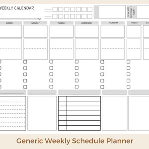 Może przedstawiać: Pusty tygodniowy planer kalendarza z sekcjami na posiłki, kalendarz i codzienne priorytety. Planer zawiera miejsca na każdy dzień tygodnia, z tekstem "WEEKLY CALENDAR" na górze i "Generic Weekly Schedule Planner" na dole.