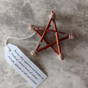 May include: A five-pointed star made from twigs tied together with twine. The star is a natural, rustic decoration. The text on the tag reads: "Russian Olive: aggressive and fearless yet beneficial, natural source of wellness, strength, defender of self, and resilient."