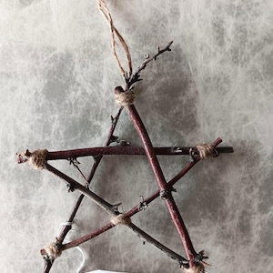 May include: A rustic, five-pointed star ornament crafted from natural twigs, bound together with twine. The twigs have a reddish-brown hue. A small tag with text about Russian Olive hangs below the star. The ornament is suspended by a twine loop.