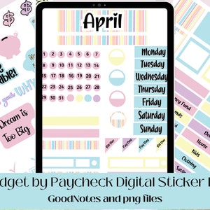 May include: A digital sticker kit for budgeting, featuring a calendar for April with colorful stripes, a piggy bank, and various stickers with text like "You are unstoppable!" and "No Dream is Too Big".