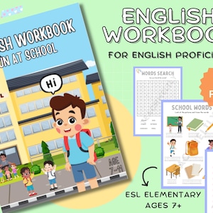Puede incluir: Un libro de trabajo de inglés colorido para niños de 7 años en adelante. La portada presenta una ilustración de dibujos animados de un edificio escolar con un niño que lleva una mochila. El título del libro es "English Workbook Fun at School". El libro incluye más de 35 páginas de actividades para la competencia en inglés.