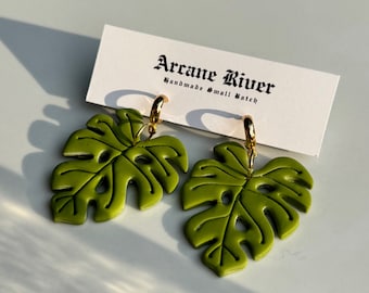 Handmade Clay Monstera Earrings | 14k Gold Hoop, Tropical Jewelry