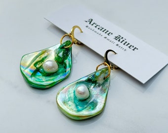 Oyster Shell Pearl Drop Earrings | 14k Gold, Natural Dyed