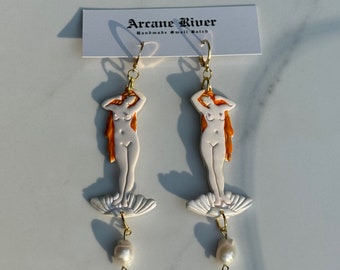 Birth of Venus Earrings | Handmade Sculpey Clay, Freshwater Pearls
