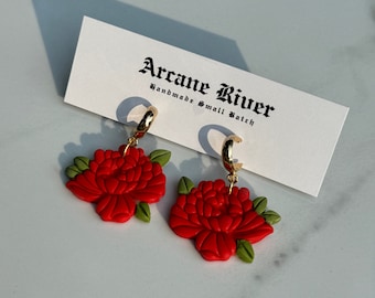 Handmade Red Peony Earrings | 14k Gold Hoop, Clay Flower