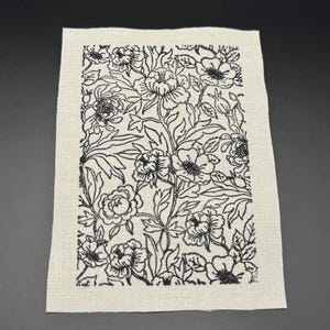 Puede incluir: Un parche de tela beige con un dise&ntilde;o floral negro. El dise&ntilde;o presenta un patr&oacute;n repetitivo de flores y hojas estilizadas.