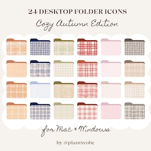 Peut inclure: Vingt-quatre icônes de dossiers de bureau sur le thème de l'automne douillet. Chaque dossier présente un motif à carreaux de différentes couleurs, notamment orange, bleu, vert et rouge. Le texte indique "24 Desktop Folder Icons Cozy Autumn Edition for Mac & Windows."