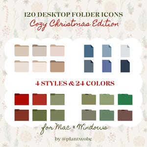 Op de afbeelding: Digitale bureaubladmap-iconen in een Cozy Christmas Edition. De afbeelding toont 120 iconen in 4 stijlen en 24 kleuren, waaronder beige, blauw, groen en rood. De iconen zijn ontworpen voor Mac en Windows.