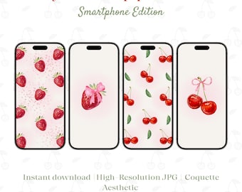 Coquette iPhone Wallpaper Set: Strawberry & Cherry (Digital Download)