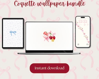 Coquette Wallpaper Set: Pink Ribbon, Cherry Flower (Digital Download)