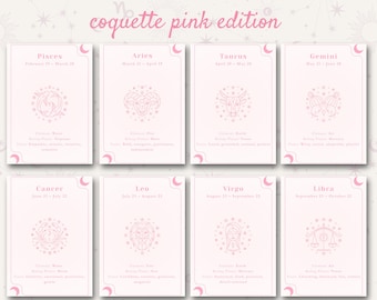 Coquette Pink Zodiac Cards: Astrology Gift, Printable PNG (Digital Download)