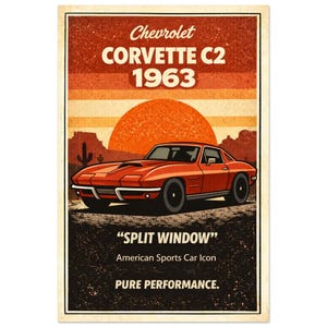 Op de afbeelding: Een vintage poster met een rode Chevrolet Corvette C2 uit 1963, met de tekst "SPLIT WINDOW" en "American Sports Car Icon". De achtergrond toont een woestijnlandschap met een ondergaande zon en een cactus.