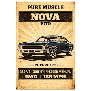 May include: Vintage-style poster featuring a blue 1970 Chevrolet Nova muscle car. The poster includes the text "PURE MUSCLE NOVA 1970" at the top, with specifications: 350 V8, 300 HP, 4-speed manual, RWD, and 135 MPH.