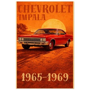 Könnte beinhalten: Ein Poster im Vintage-Stil mit einem roten Chevrolet Impala-Auto von 1965-1969. Das Auto steht vor einer Wüstenlandschaft mit einer großen Sonne im Hintergrund. Die Worte "CHEVROLET IMPALA" sind oben aufgedruckt.