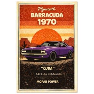 May include: Vintage-style poster featuring a purple 1970 Plymouth Barracuda. The design includes a desert landscape with a setting sun and the text "Plymouth Barracuda 1970", "Cuda", and "440 Cubic Inch Muscle. Mopar Power."