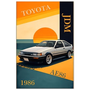 May include: Poster featuring a white and black Toyota AE86 car with the text "TOYOTA" and "JDM" in a retro style. The background includes a sunset and the year "1986". The car is on a teal and orange background.