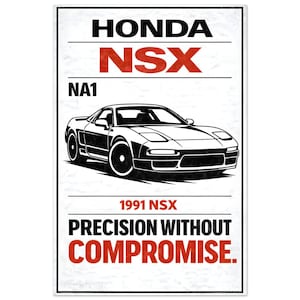 May include: A black and white graphic of a Honda NSX NA1 sports car. The text "HONDA NSX" is in red and black, with "1991 NSX" and "PRECISION WITHOUT COMPROMISE" below the car.