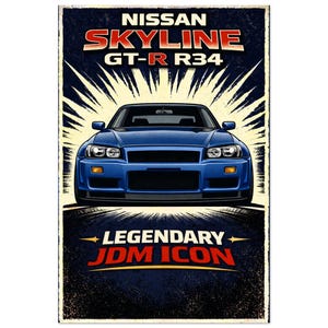 May include: A blue Nissan Skyline GT-R R34 poster. The car is centered, with the text "NISSAN SKYLINE GT-R R34" in red and white above it. Below the car, the text "LEGENDARY JDM ICON" is displayed in red.