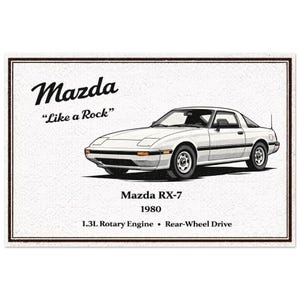 May include: Illustration of a white 1980 Mazda RX-7 coupe. The image includes the text "Mazda", "Like a Rock", "1.3L Rotary Engine", and "Rear-Wheel Drive". The car is depicted in a vintage style with a black border.
