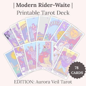 May include: A collection of tarot cards with pastel illustrations. The cards are arranged in a fan shape, with the text "Modern Rider-Waite | Printable Tarot Deck" at the top. The text "78 CARDS" is in a starburst shape. The edition is "Aurora Veil Tarot".