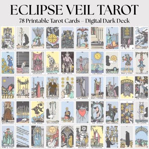 Puede incluir: Un conjunto de 78 cartas de tarot imprimibles, el "Eclipse Veil Tarot - Digital Dark Deck." Cada carta presenta ilustraciones detalladas con una estética vintage. Las cartas están dispuestas en una cuadrícula, mostrando varias imágenes y títulos simbólicos.