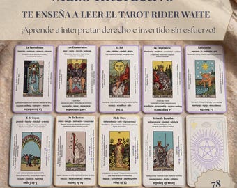 May include: A set of 78 tarot cards featuring the Rider Waite deck with instructional text in Spanish. The cards display traditional illustrations, keywords, and astrological associations. A header reads Mazo Interactivo, Te enseña a leer el tarot Rider Waite, Aprende a interpretar derecho e invertido sin esfuerzo.