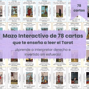 Op de afbeelding: Een set van 78 tarotkaarten met verschillende illustraties en Spaanse tekst. De kaarten zijn gerangschikt in rijen en kolommen, met de woorden "Mazo Interactivo de 78 cartas" prominent weergegeven. De tekst "que te enseña a leer el Tarot" is ook zichtbaar.