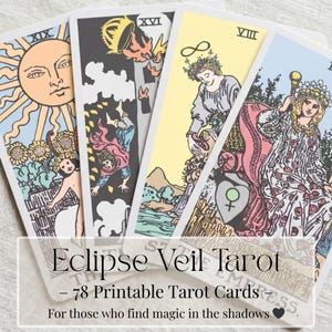 Puede incluir: Un conjunto de cartas de tarot con ilustraciones coloridas. Las cartas muestran imágenes del sol, un símbolo de infinito y otras figuras simbólicas. El texto "Eclipse Veil Tarot" y "- 78 Printable Tarot Cards" es visible.