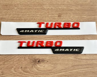 2 "Turbo 4MATIC" Emblems for AMG - Black + Red - 150 x 30 mm