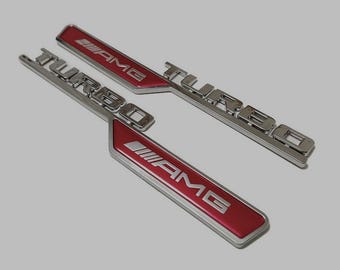2 Turbo AMG Emblems Chrome and Red Side Fenders, AMG Wings 200x35mm