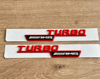 2 "Turbo AMG" Emblems 100X50X50 mm for Mercedes AMG - Red + Black