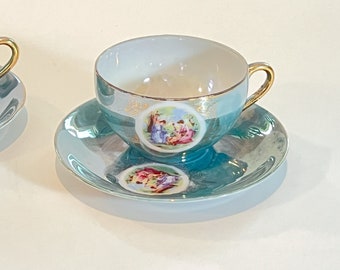RARE Vintage 1940s Japanese Tashiro Shoten handpainted green lusterware with gold teacups and saucers, Set of two (2)