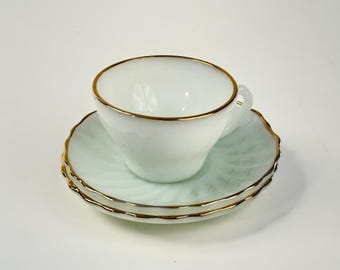 Vintage 1940s Fire King milk glass gold trim cup & 2 saucers