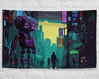 Robot dans un drapeau néon de la ville