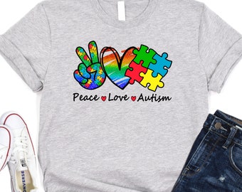 Peace Love Autism T-Shirt | Autism Awareness Shirt, Peace Love Apparel Autism Mom Outfit, Autism Puzzle T-Shirt, Autism Support Clothing