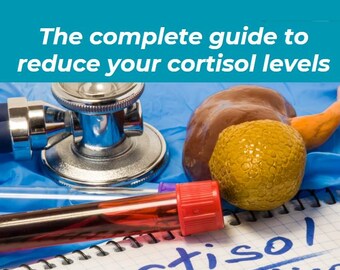 May include: A close-up of a notebook with the word "Cortisol" written in blue ink. A stethoscope, a test tube with red liquid, and a model of an adrenal gland are visible in the background. The text "Cortisol e-book: The complete guide to reduce your cortisol levels" is visible at the top of the image.