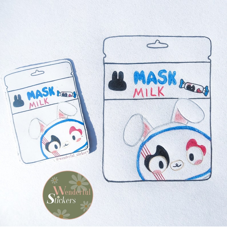 Sticker Mask Sheet Hand Sketched White Rabbit Themed Milk Candy Sheet Mask // Matte Die ...